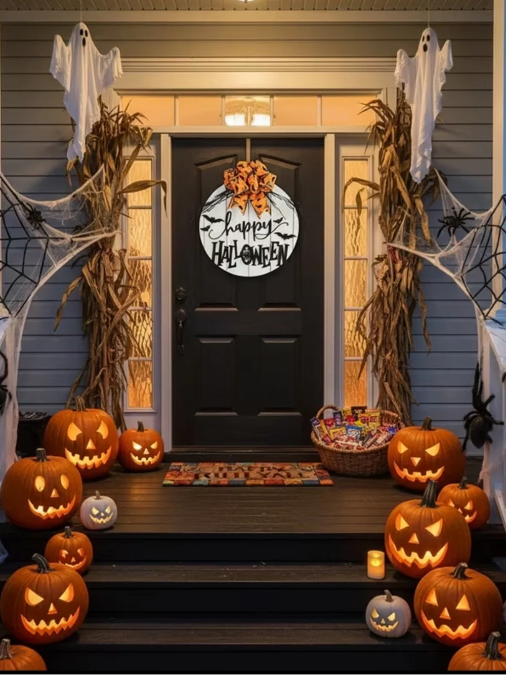 Spooktacular Happy Halloween Round Door Sign with Orange Bat Bow 🦇